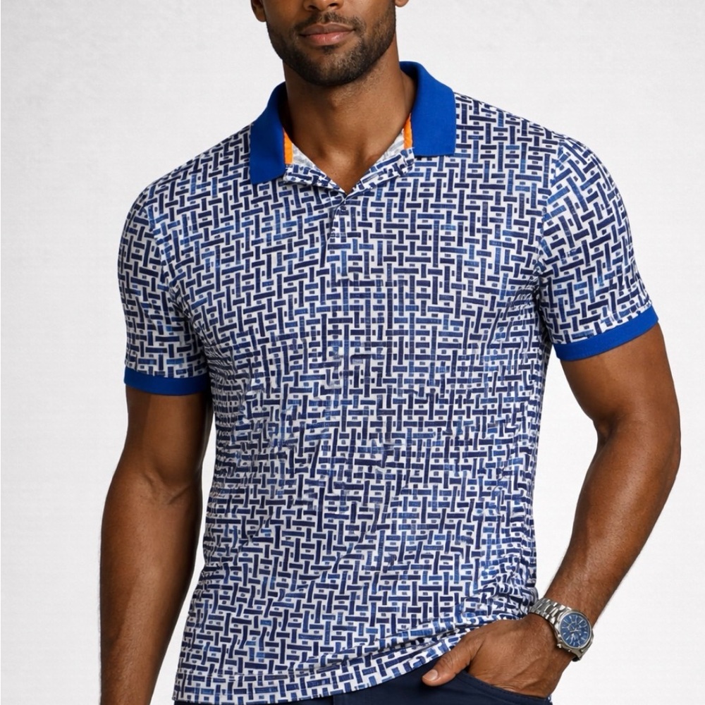 Robert Graham Performance Polo Shirt Blue Geometric Print Short Sleeve